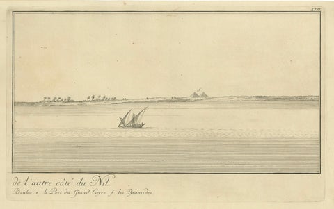 Across the Nile, Pair of Antique Egypt Engravings with Distant Pyramids, c.1755, close-up 2