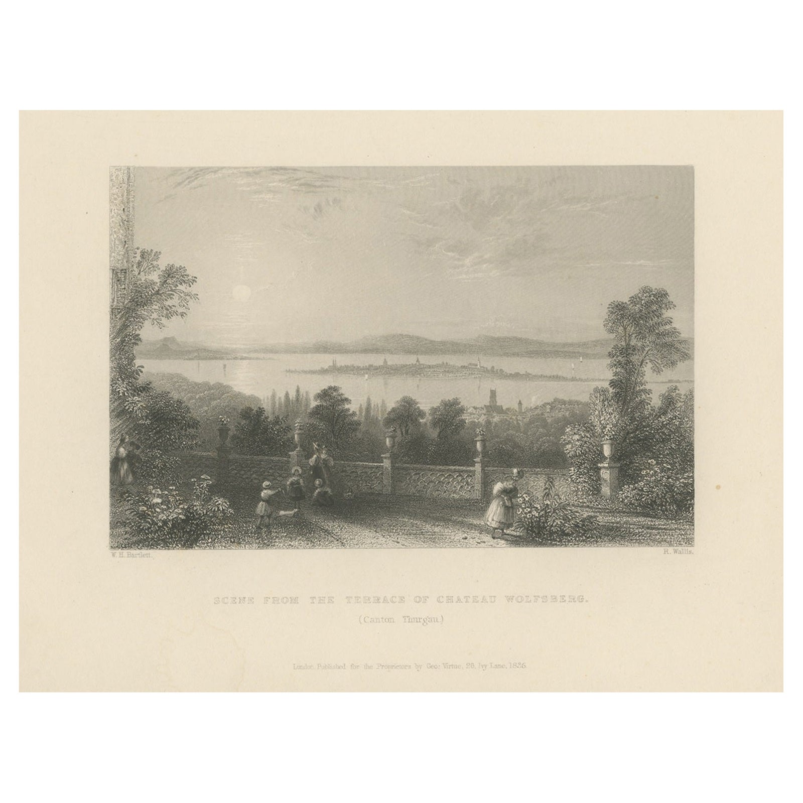 Antique Print of the Terrace of Château Wolfsberg, Switzerland, 1836