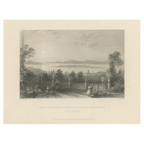 Antique Print of the Terrace of Château Wolfsberg, Switzerland, 1836