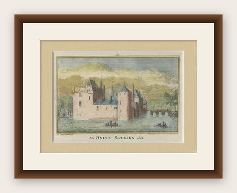 Antique Handcolored Castle Print of 'Huis te Schagen' in The Netherlands, c.1730, shown framed