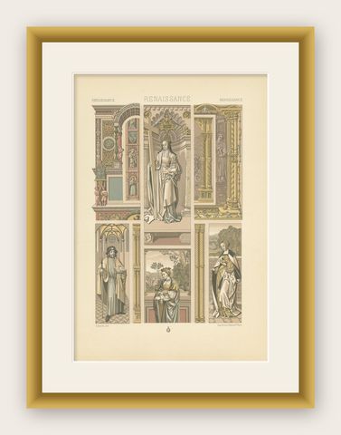 Pl. 81 Print of Renaissance Architectural & Figural by Racinet, circa 1890, shown framed