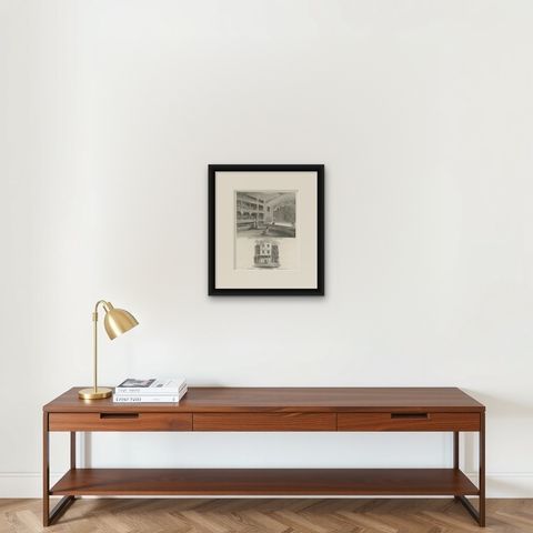 Old Print of Astley's Amphitheatre, South of Westminster Bridge, London, 1815, shown framed on a wall, true to size