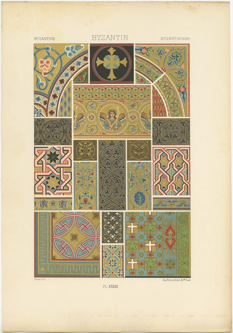 Pl. 33 Antique Print of Byzantine Ornaments by Racinet, circa 1890, view 2