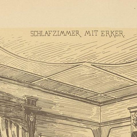 Pl. 6 Antique Print of a Bedroom with Bay Window by Kramer, circa 1910, close-up 1