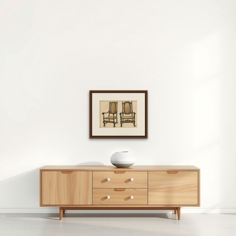 Antique Print of English Furniture 'Two Chairs' by P. Macquoid, 1906, shown framed on a wall, true to size