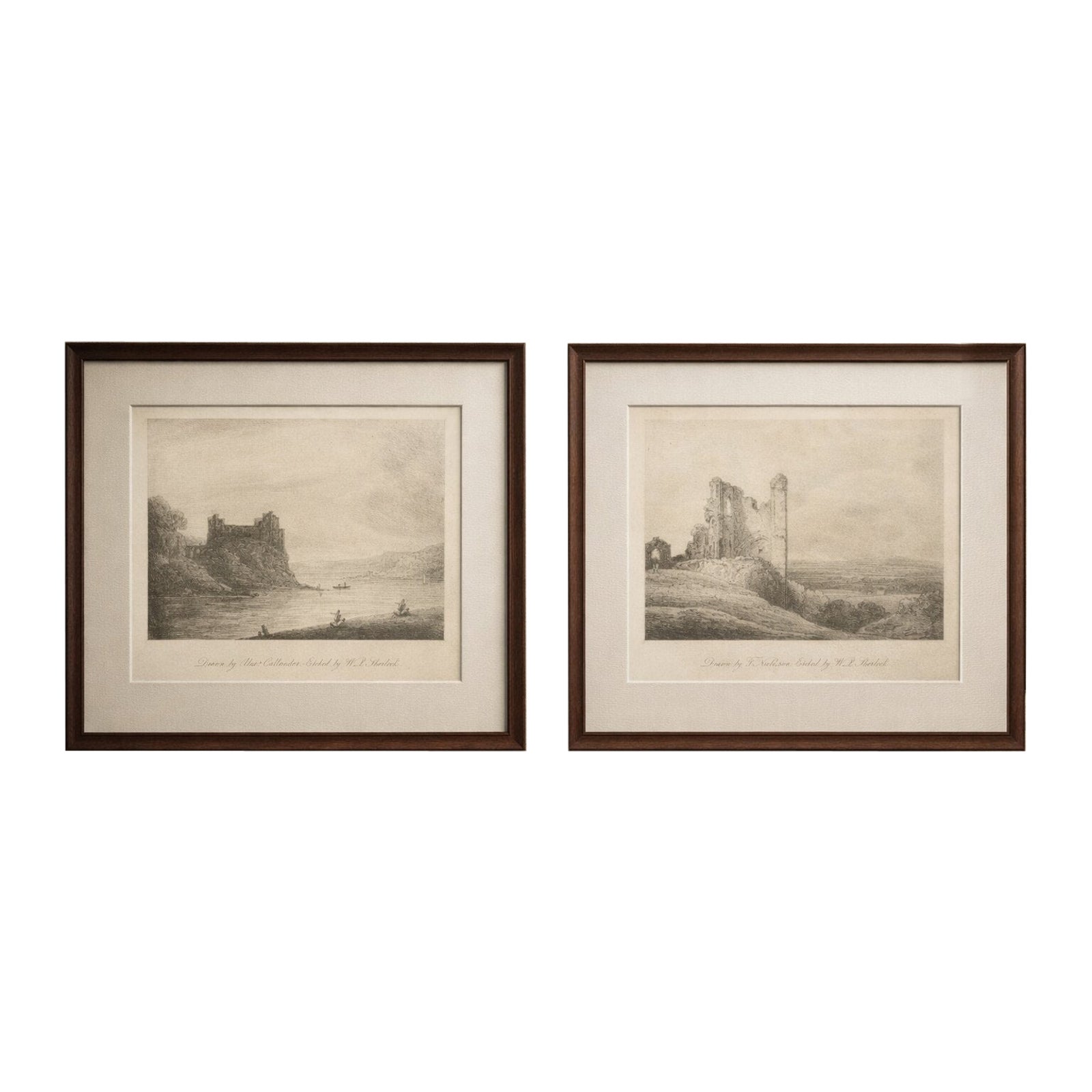 Antique English Landscape Etchings, Castle & Ruins, Sherlock, 1811