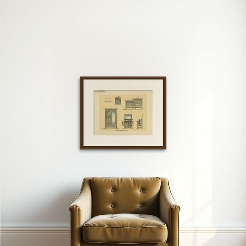 Pl. 30 Antique Print of Bedroom Furniture by Kramer 'circa 1910', shown framed on a wall, true to size