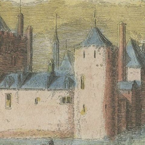 Antique Handcolored Castle Print of 'Huis te Schagen' in The Netherlands, c.1730, close-up 2