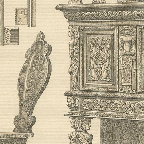 Pl. 76 Antique Print of European XVIth-XVIIth Furniture by Racinet, circa 1880, close-up 2
