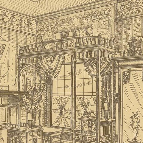 Pl. 4 Antique Print of a Living Room with Bay Window by Kramer, circa 1910, close-up 2