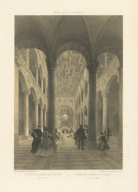 Interior of St Agnes Outside the Walls, Rome, Classical Basilica View, 1868, close-up 1
