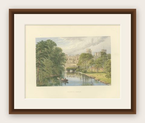 Warwick Castle River View, English Castle Landscape Engraving, c1850, shown framed