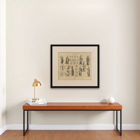 Roman Female Statues and Medallions, Montfaucon Antiquarian Engraving, 1721, shown framed on a wall, true to size