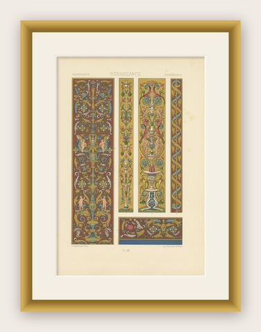 Pl. 55 Antique Print of Renaissance Ornaments by Racinet, circa 1890, shown framed
