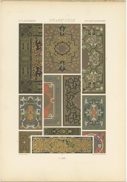 Pl. 69 Antique Print of XVIth and XVIIth Century Ornaments by Racinet circa 1890, view 4