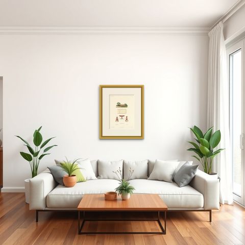 Antique Print of a Spirit House in New Zealand, shown framed in a room, true to size