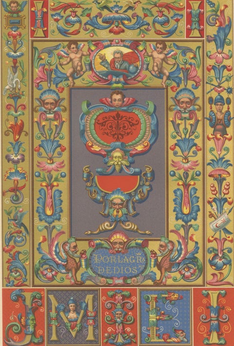 Renaissance Ornament Print, “Por la Gracia de Dios” with Cherubs & Scrollwork, close-up 6