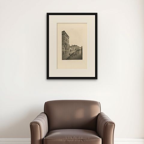 Pl. 88 Antique Print of the Tintoretto House in Venice, circa 1890, shown framed on a wall, true to size