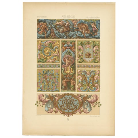 Pl. 111 Antique Print of 17th Century from Interior Decor by Racinet, circa 1890
