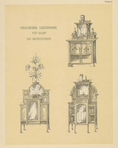 Pl 64 Antique Print of Decorative Cabinets by Kramer, 'circa 1910', view 2