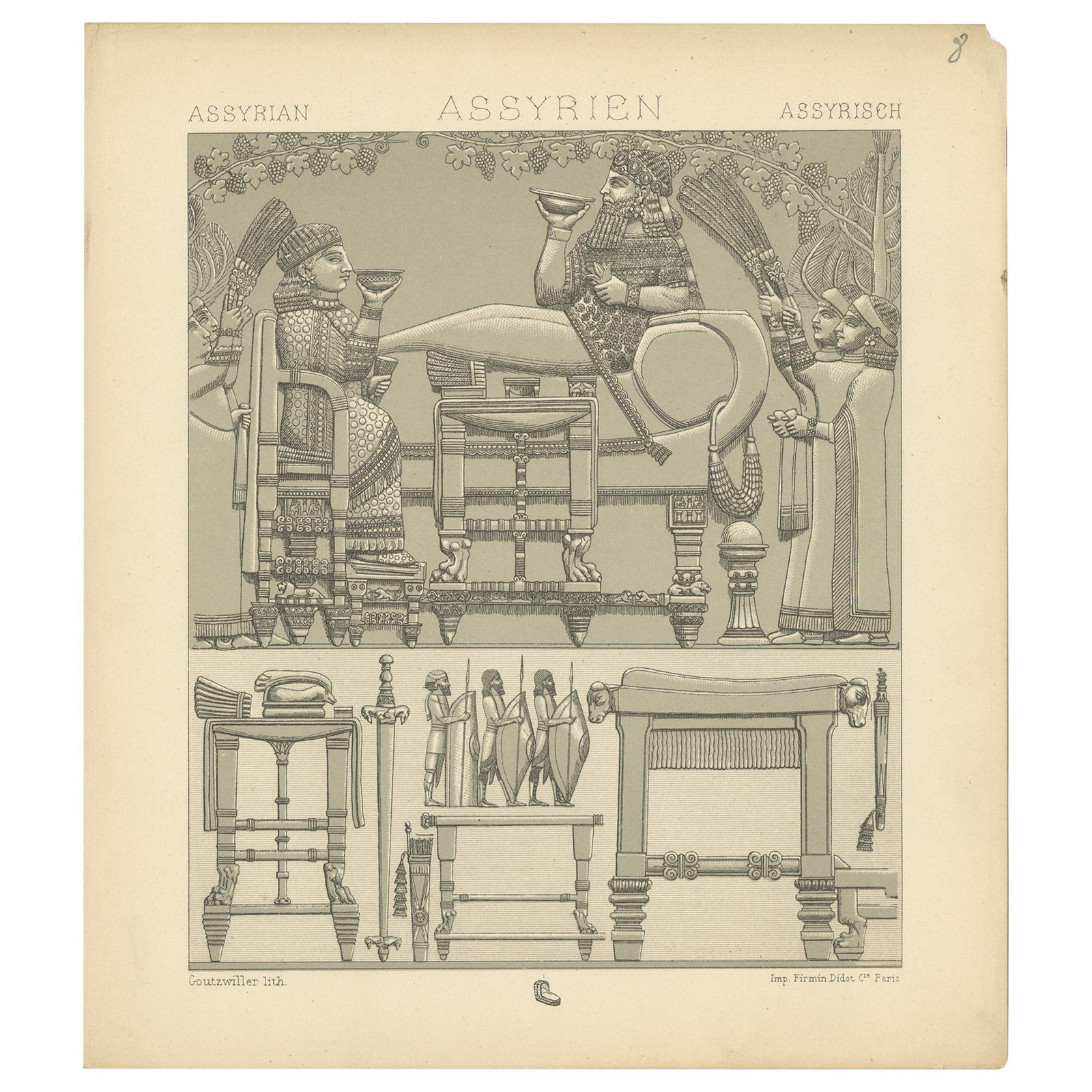 Antique Print of Assyrian Furniture by Racinet, circa 1880