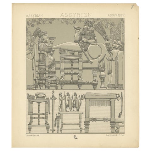 Antique Print of Assyrian Furniture by Racinet, circa 1880