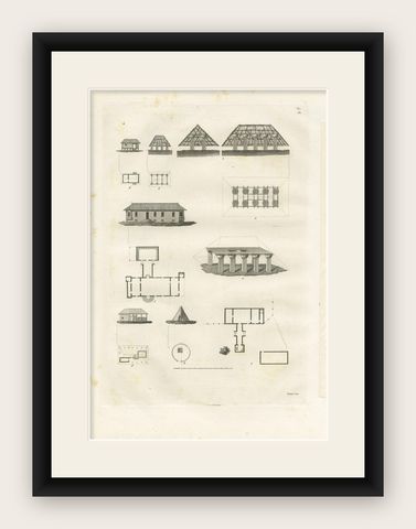 Antique Print of Architecture on the Mariana Islands by Ferrario '1831', shown framed