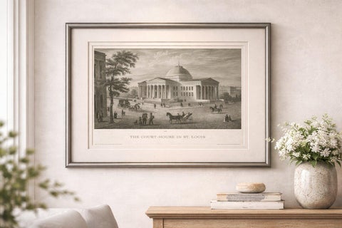 St Louis Court House Antique Print, Missouri Architecture View c.1850, shown framed
