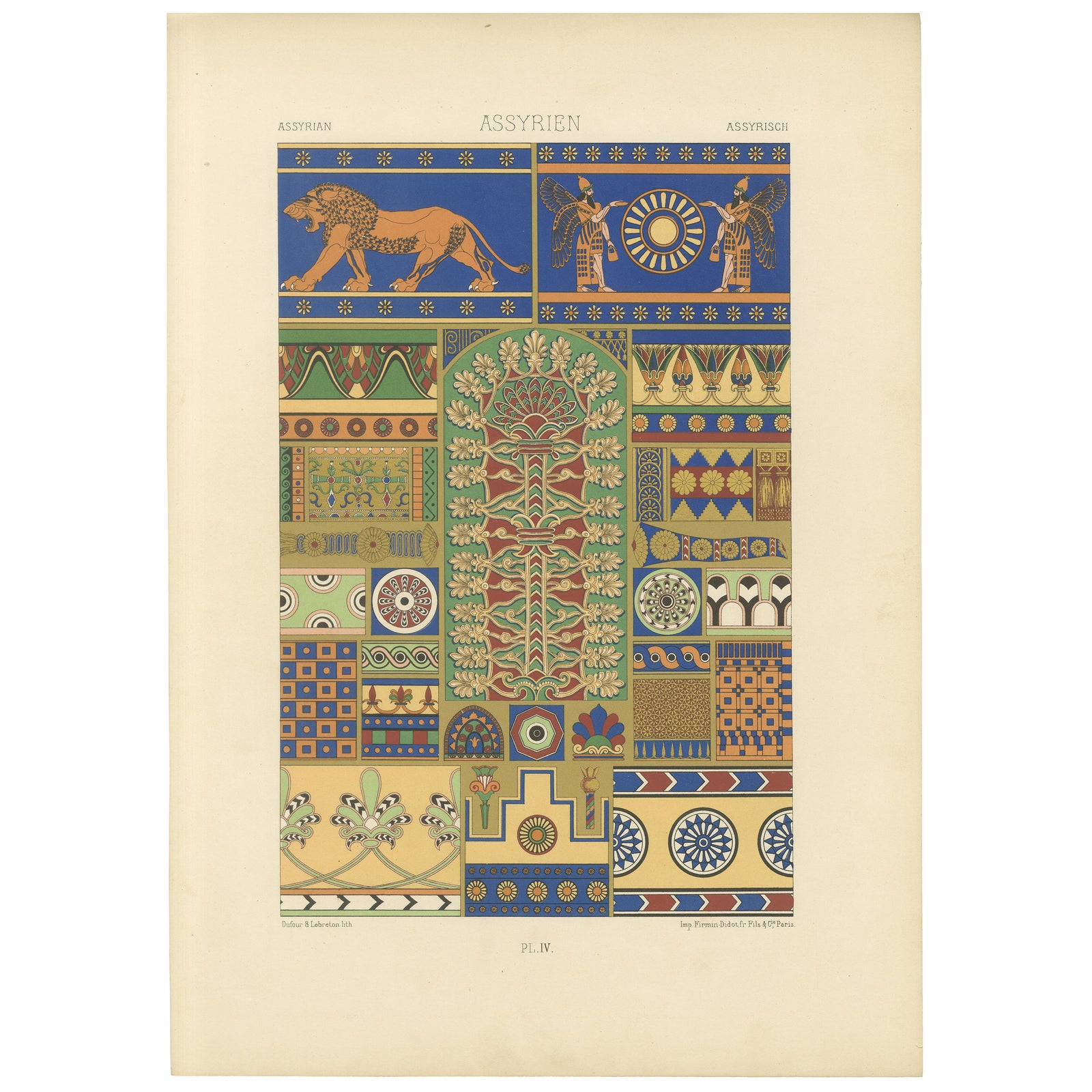 Assyrian Ornament Print, Color Lithograph of Ancient Motifs and Symbols, c.1869