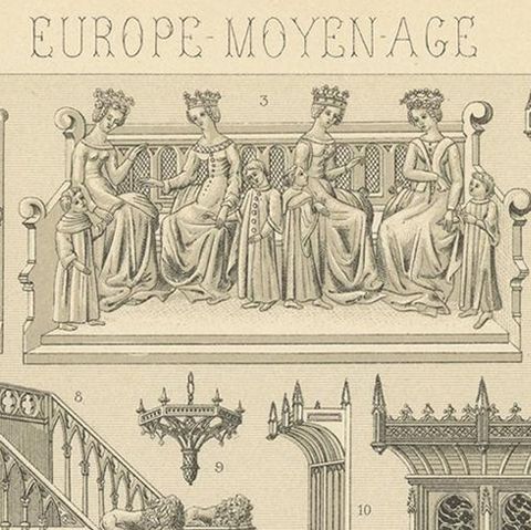 Pl. 10 Antique Print of European Middle Ages Furniture by Racinet, circa 1880, close-up 1