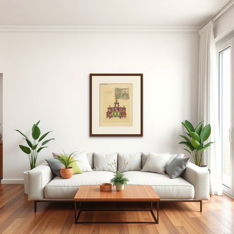 Pl. 49 Antique Print of Sofa Furniture by Kramer 'circa 1910', shown framed in a room, true to size