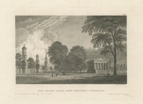 Antique Yale College & State House New Haven Connecticut, Meyer ca. 1850, close-up 1