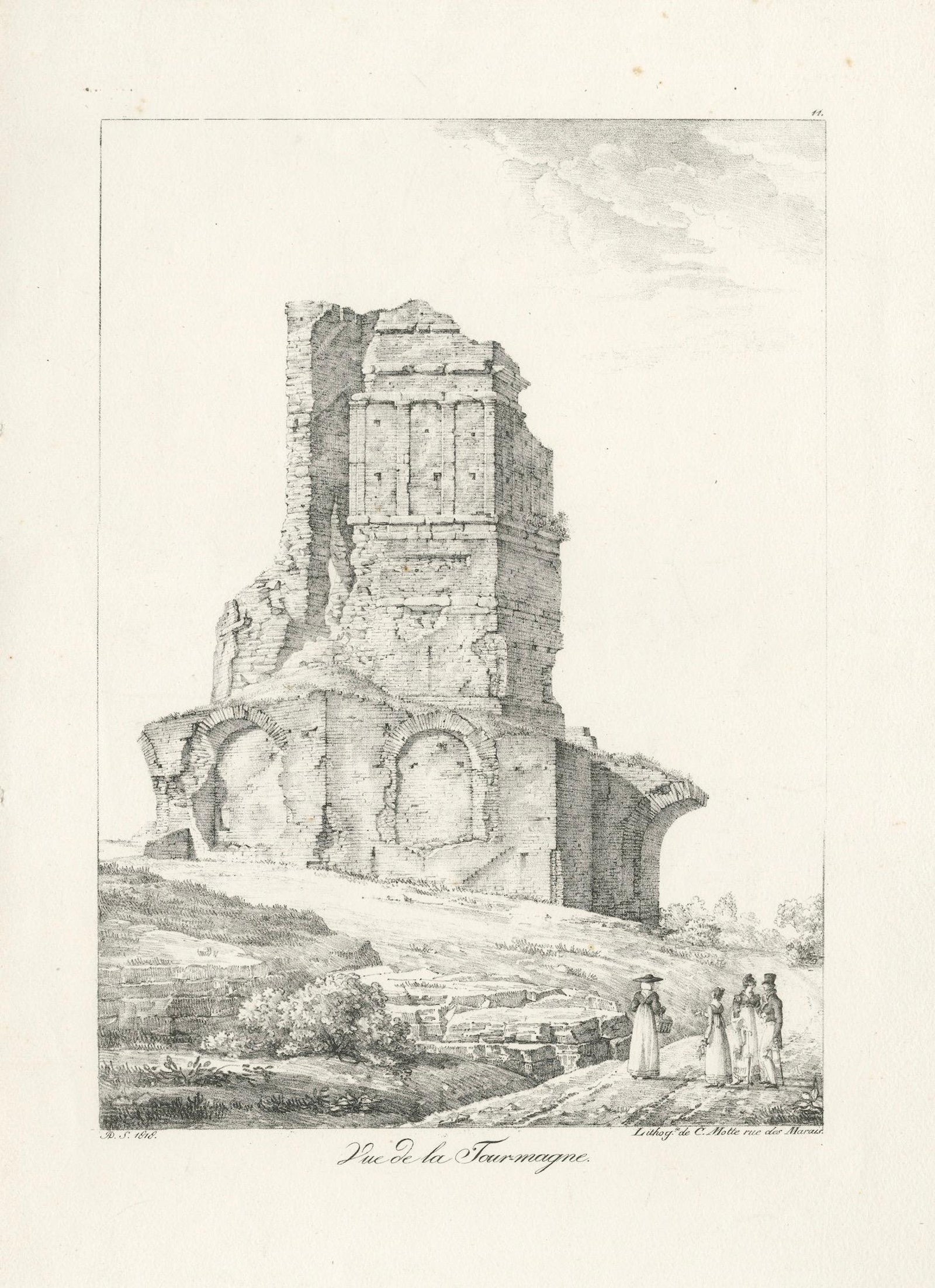 Roman Tower Ruins at Nîmes, Tour Magne Landscape Lithograph, France c.1818