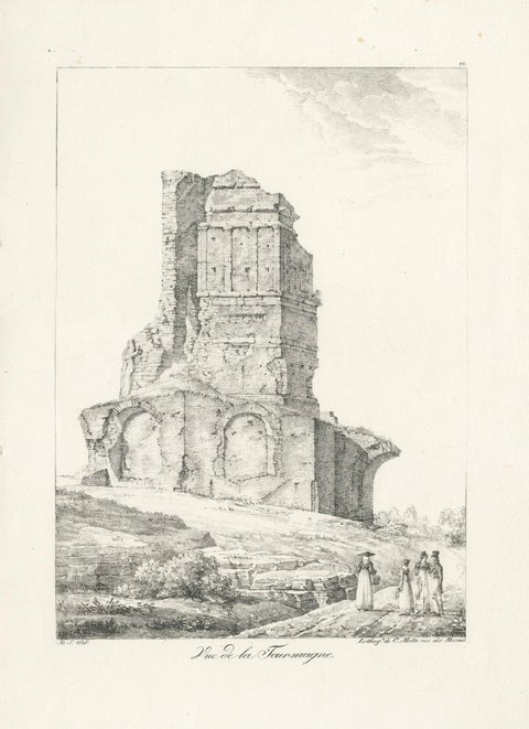 Roman Tower Ruins at Nîmes, Tour Magne Landscape Lithograph, France c.1818