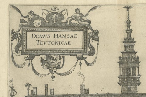 Rare 1582 Copper Engraving of Hanseatic House, Antwerp by Guicciardini, close-up 2