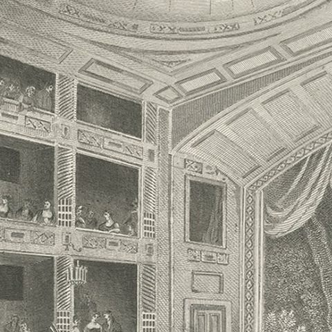 Old Print of Astley's Amphitheatre, South of Westminster Bridge, London, 1815, close-up 1