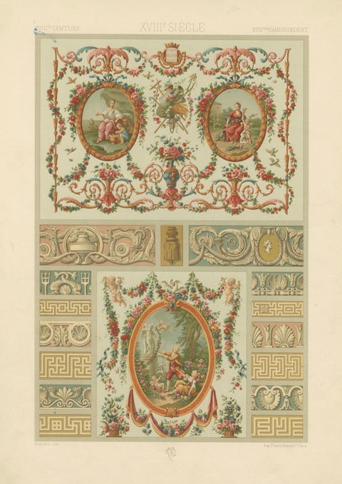 Louis XVI Decorative Panel Chromolithograph by Albert Racinet, Paris, c. 1873, close-up 1