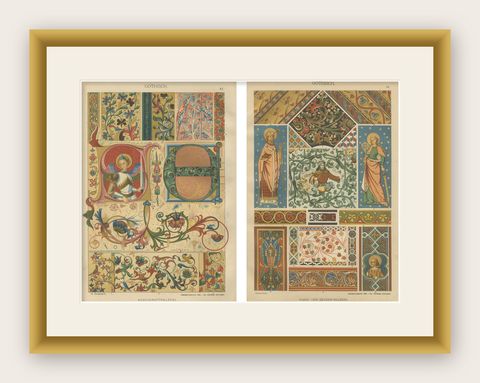 Pair of 19th Century Gothic Illuminated Ornament Prints Published in 1887, shown framed