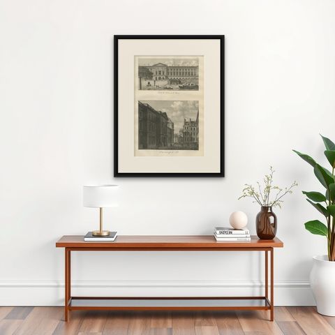 Antique Louvre Architectural Views Engraving, Baltard Paris 1803, shown framed on a wall, true to size