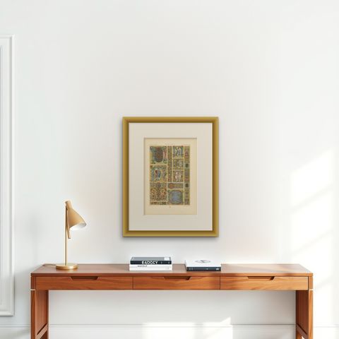Pl. 98 Antique Print of 16th-17thCentury Italian Decorations by Racinet, shown framed on a wall, true to size