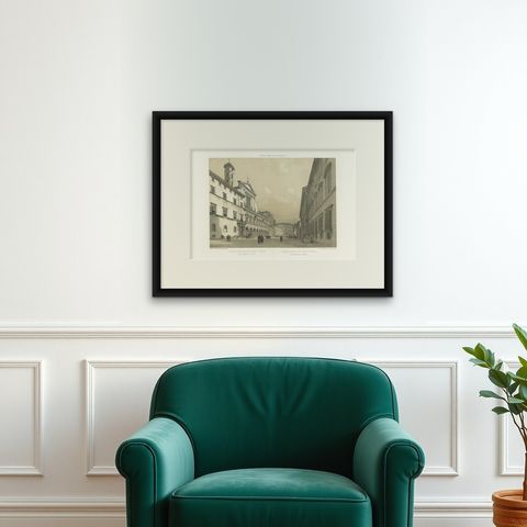 Rome Piazza Santi Apostoli, Grand Architectural View, Benoist 1869, shown framed on a wall, true to size