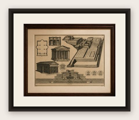 Antique Roman Temple Architecture & Archaeological Plan, Montfaucon, 1721, shown framed