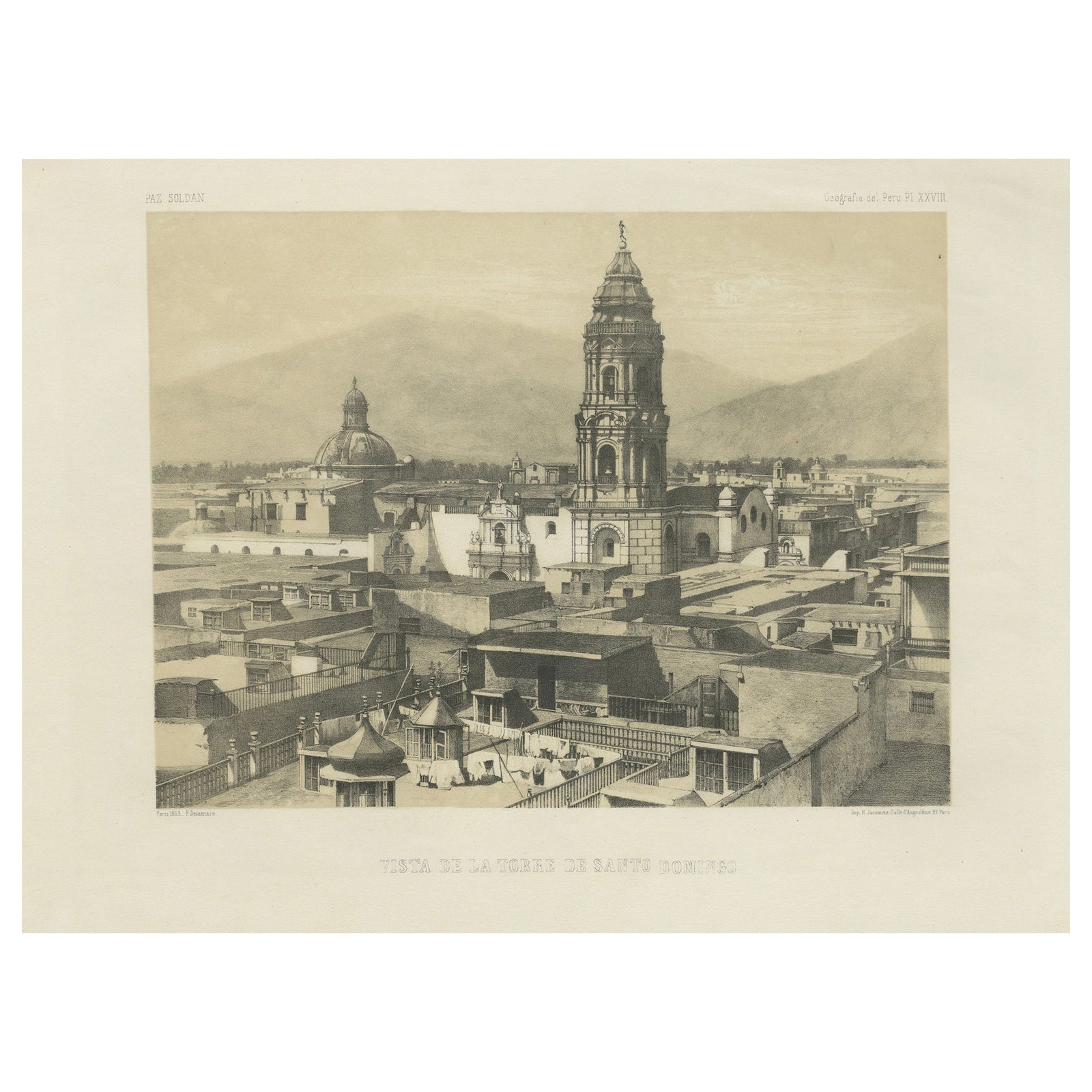 Santo Domingo Tower Lima Peru, Antique Lithograph c.1865