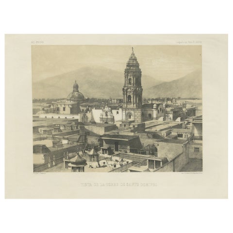 Santo Domingo Tower Lima Peru, Antique Lithograph c.1865