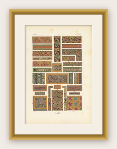 Pl. 38 Antique Print of Celtic Ornaments by Racinet, 'circa 1890', shown framed