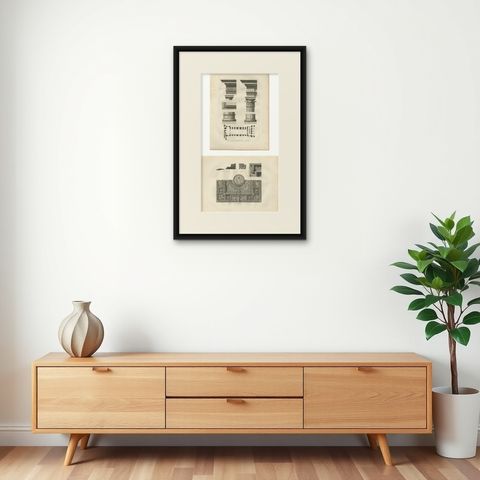 Two Antique Louvre Architectural Study Prints, Institut Details, Baltard 1803, shown framed on a wall, true to size