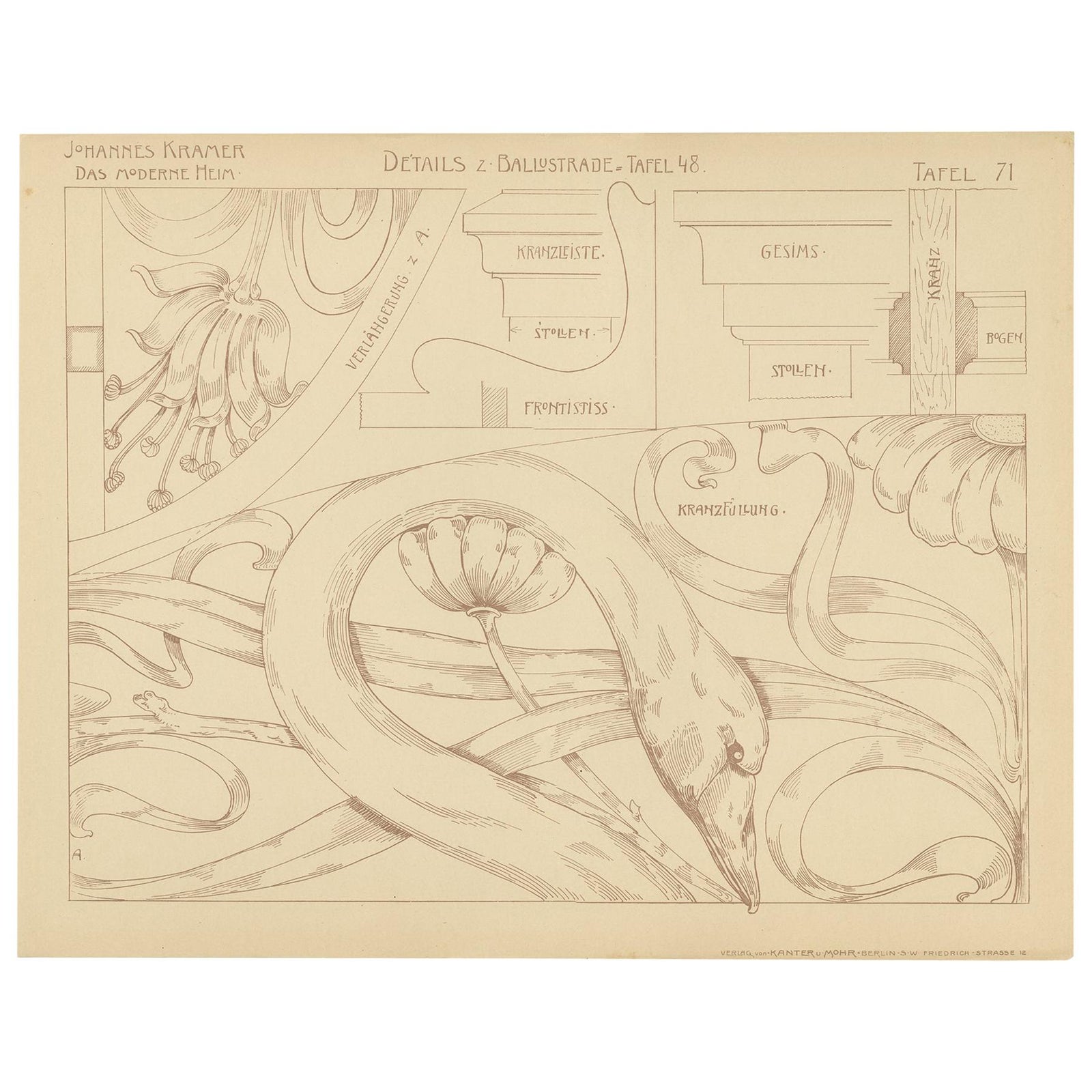 Pl. 71 Antique Print of Furniture Details by Kramer, circa 1910