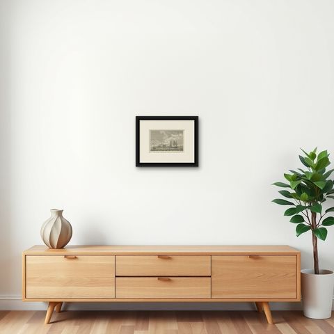 Original Antique Print with a View of Kronborg Castle, Seeland, Denmark, 1826, shown framed on a wall, true to size