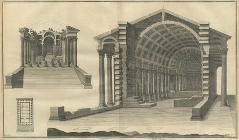 Grand Roman Basilica Interior, Antique Engraving by Montfaucon, 1721, close-up 2