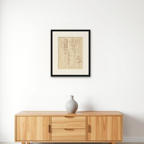 Pl. 34 Antique Print of Furniture Details by Kramer, circa 1910, shown framed on a wall, true to size